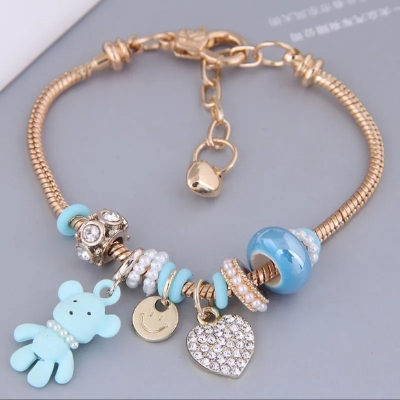 Heart and Teddy Bear Charm Bracelet Blue Zircon Heart Charm - Picture 1 of 6